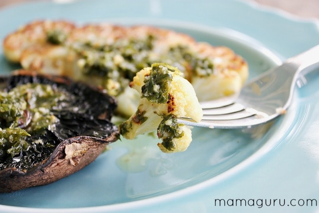 Roasted Cauliflower Steaks and Portobellos with Chimichurri