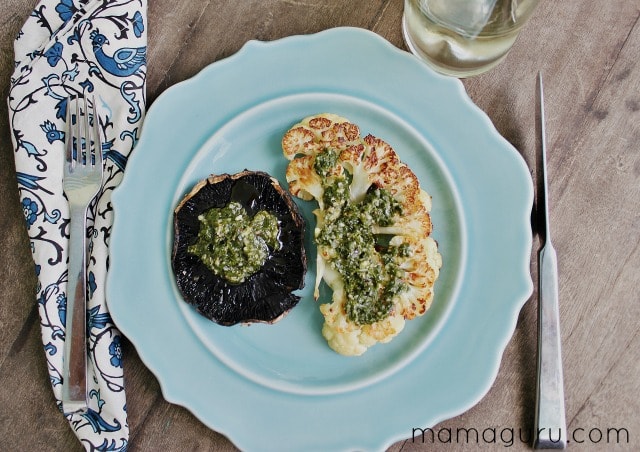 Roasted Cauliflower Steaks and Portobello Mushrooms with Chimichurri