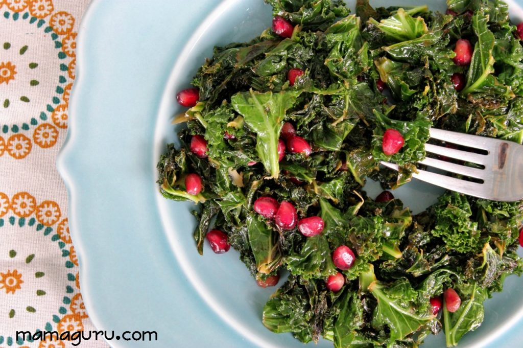 Kale and Pomegranate Superfood salad recipe with lemon-garlic vinaigrette